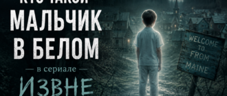 Мальчик в белом стоит на дороге загадочного города в сериале «Извне»
