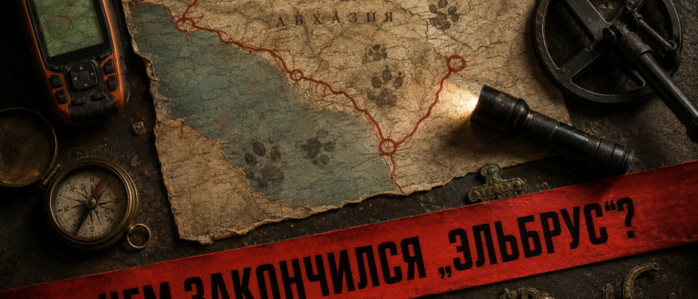 Обложка статьи о финале сериала «Эльбрус»: карта Абхазии, маршрут поисковой группы, следы собаки и найденные артефакты