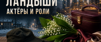 Обложка статьи об актёрах и ролях сериала «Ландыши» с букетом ландышей, дорожным чемоданом и военной фуражкой