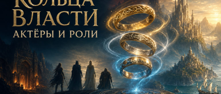 Обложка статьи об актёрах и ролях сериала «Кольца власти» с тремя сияющими кольцами на фоне эльфийских городов, Нуменора и гор Средиземья