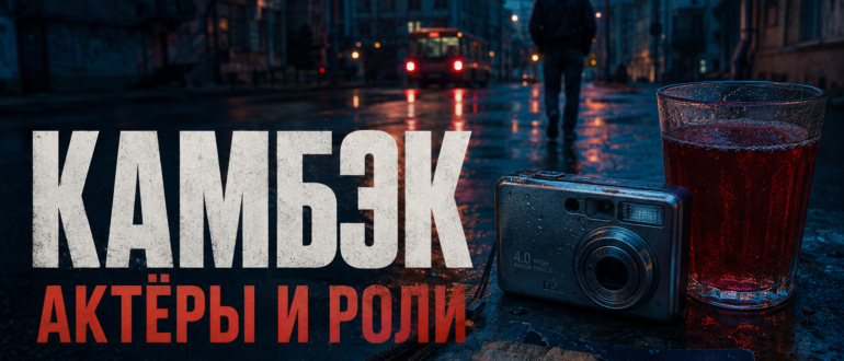 Обложка статьи об актёрах и ролях сериала «Камбэк» с улицей Нижнего Новгорода, фотоаппаратом, автобусным билетом и стаканом компота