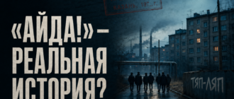 Обложка статьи о реальных событиях, положенных в основу сериала «Айда!», с силуэтами участников банды на фоне Казани 1970-х годов