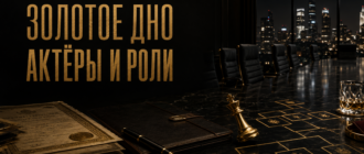 Обложка к статье об актёрах и ролях сериала «Золотое дно»: стол переговоров, золотые документы и шахматный король