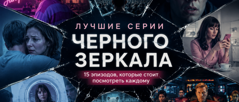 Лучшие серии «Черного зеркала» — коллаж с символическими сценами культовых эпизодов сериала